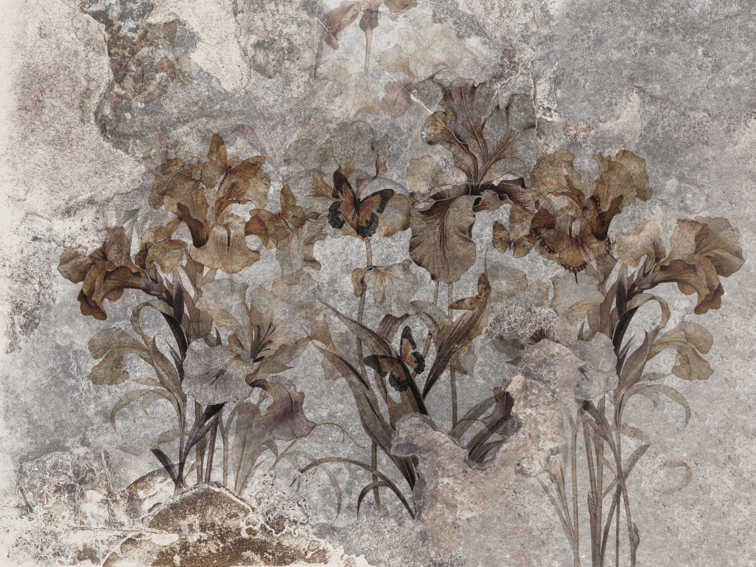 Beautiful,Irises,With,Butterflies,On,The,Wall.,Mural,