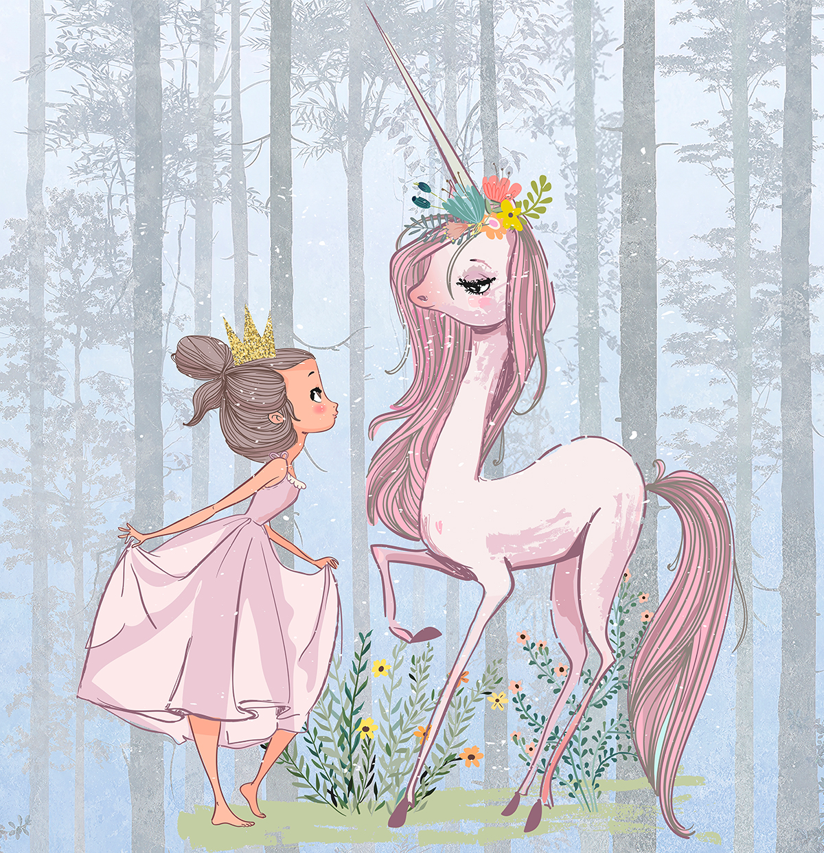 Princess,And,Unicorn,Wallpaper,Mural,For,Girls,,Nursery,Wall,Art,