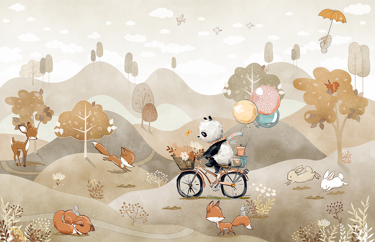 Autumn,Forest,Wallpaper,Mural,,Panda,,Bike,,Woodland,,Wildlife,,Animals,,Wall