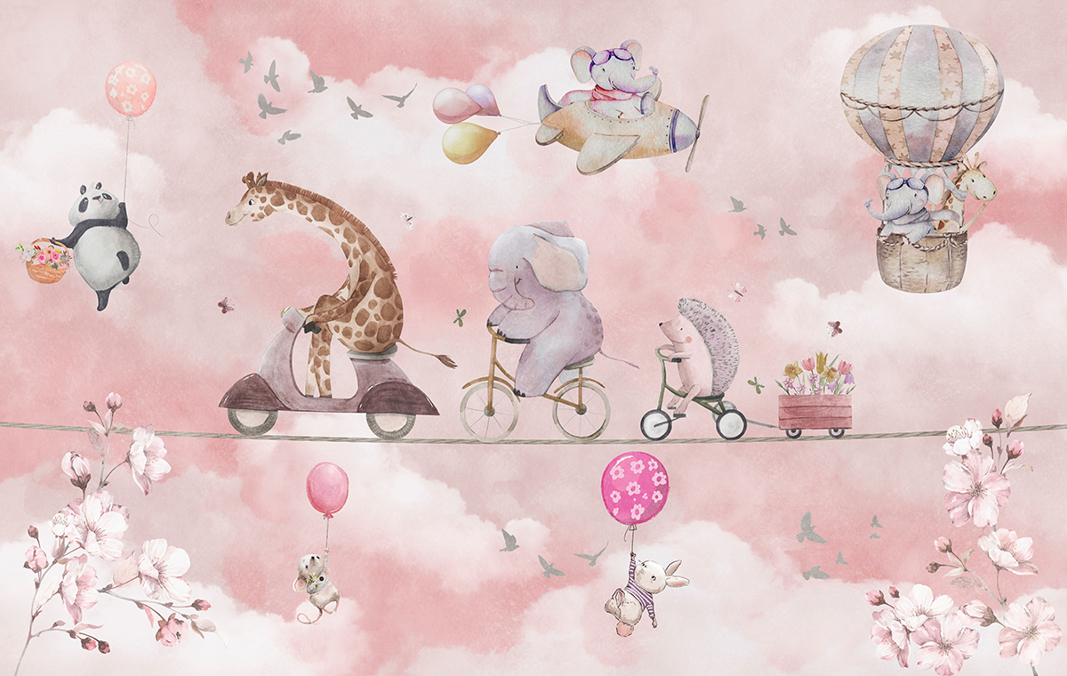 Cycling,Animals,With,Balloons,,Watercolor,Pink,Wallpaper,Mural,,Kids,Room