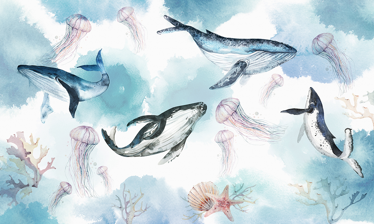 Watercolor,Whales,,Wallpaper,Mural,,Sealife,,Underwater,,Marine,Life,,Ocean,,Reefs,
