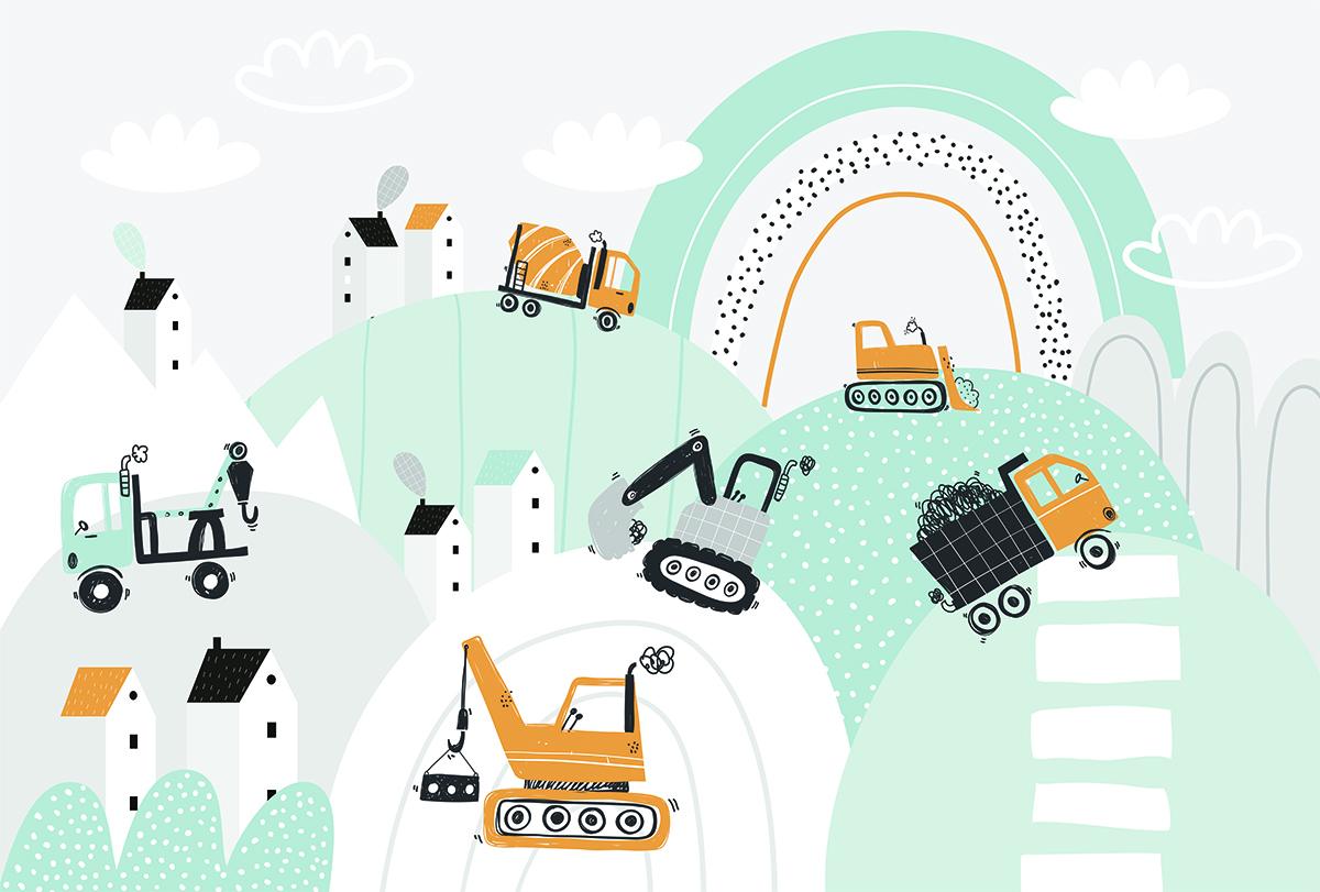 Vector children hand drawn cute construction cars, mountain landscape, houses. City. Boho trendy design. Scandinavian. Illustration. Kids wallpaper design. Baby room design, wall decor, mural.