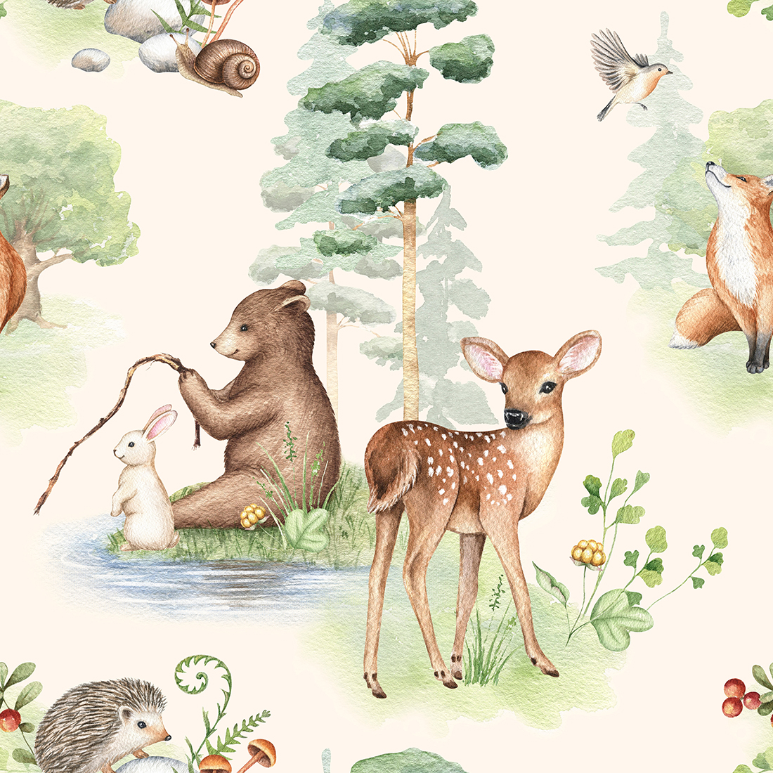Watercolor,Forest,Animals,Seamless,Pattern.,Cute,Baby,Deer,,Bear,,Bunny,