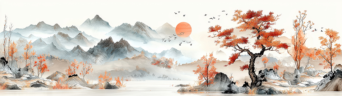 An elegant mural featuring an ink painting of autumn mountains a