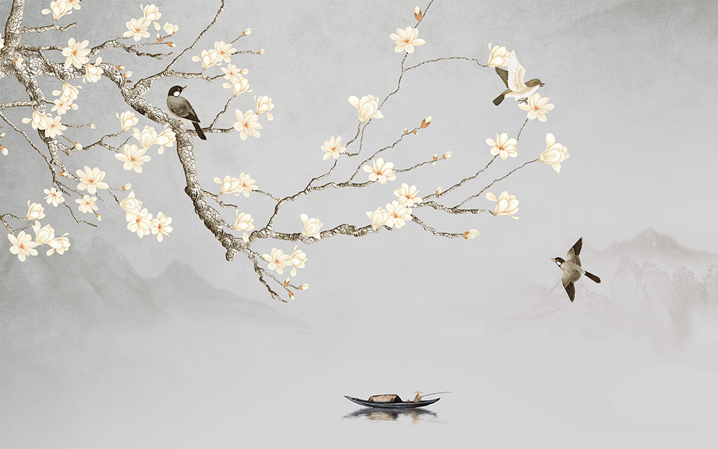 3d,Background,Chinoiserie,Wall,Decor,Background,Soft,Grey,Landscape,Blossom