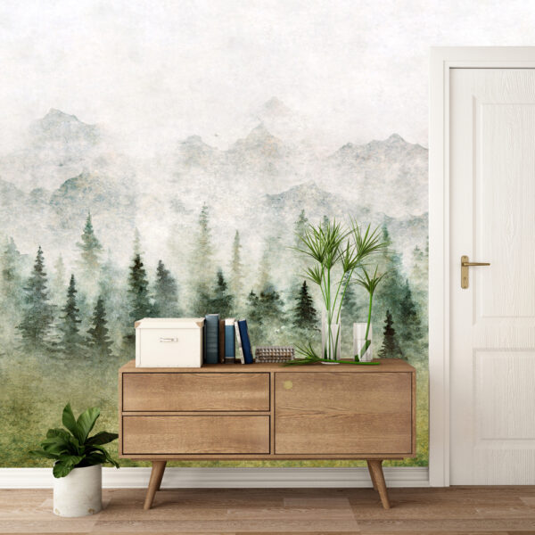 Foto murale Pikturë me bojëra uji e një pylli në mjegull