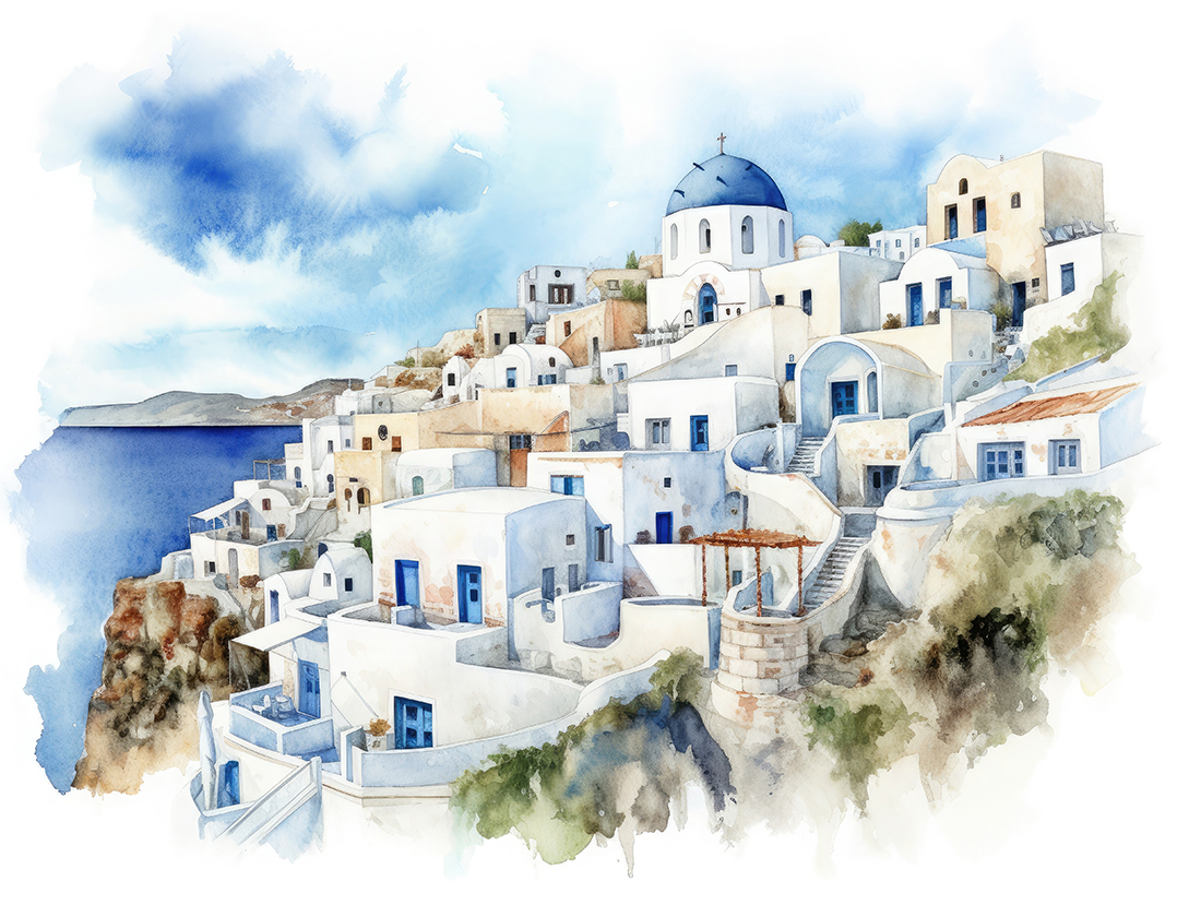 Sea town in Santorini island, Greece. Watercolor style illustrat