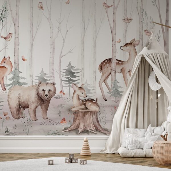 Foto murale Kafshët e pyllit në një peizazh delikat