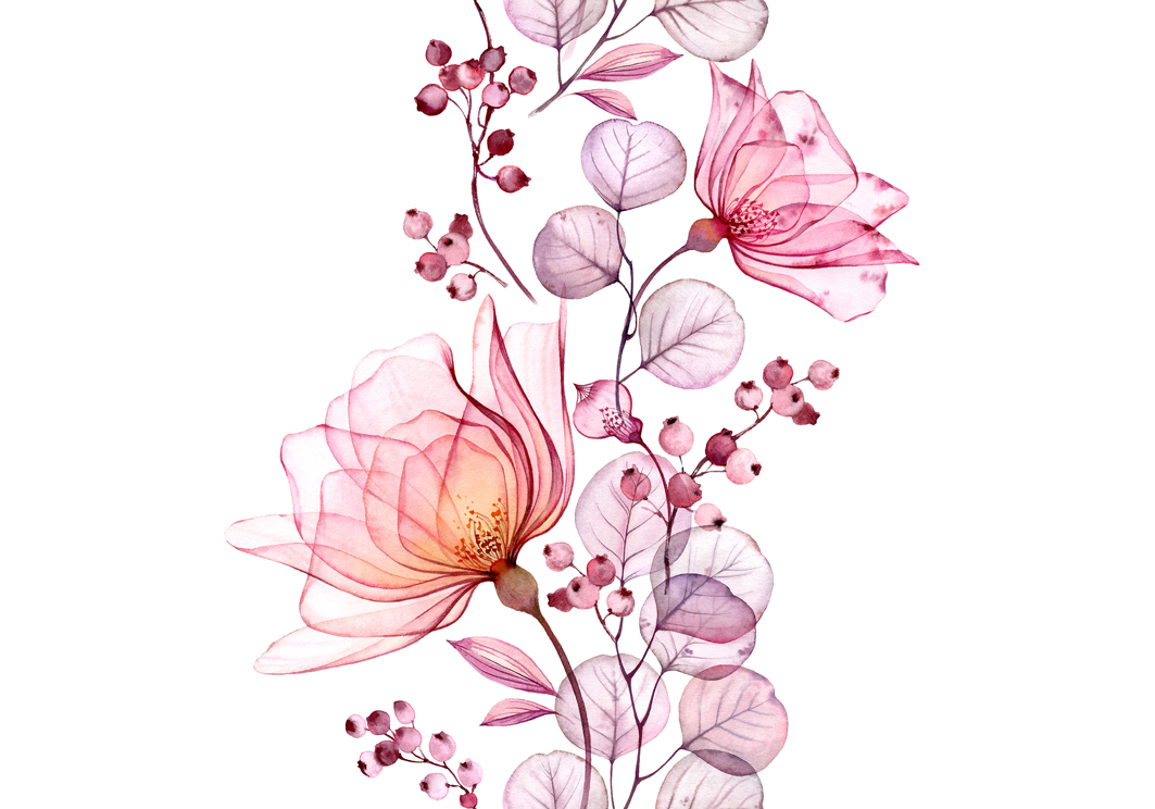Transparent watercolor rose. Seamless vertical border floral illustration. Isolated hand drawn arrangement with berries for wedding design, stationery card print