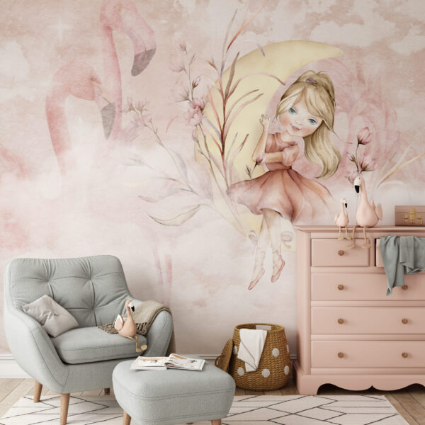 Foto murale Vajza në Hënë dhe Flamingot