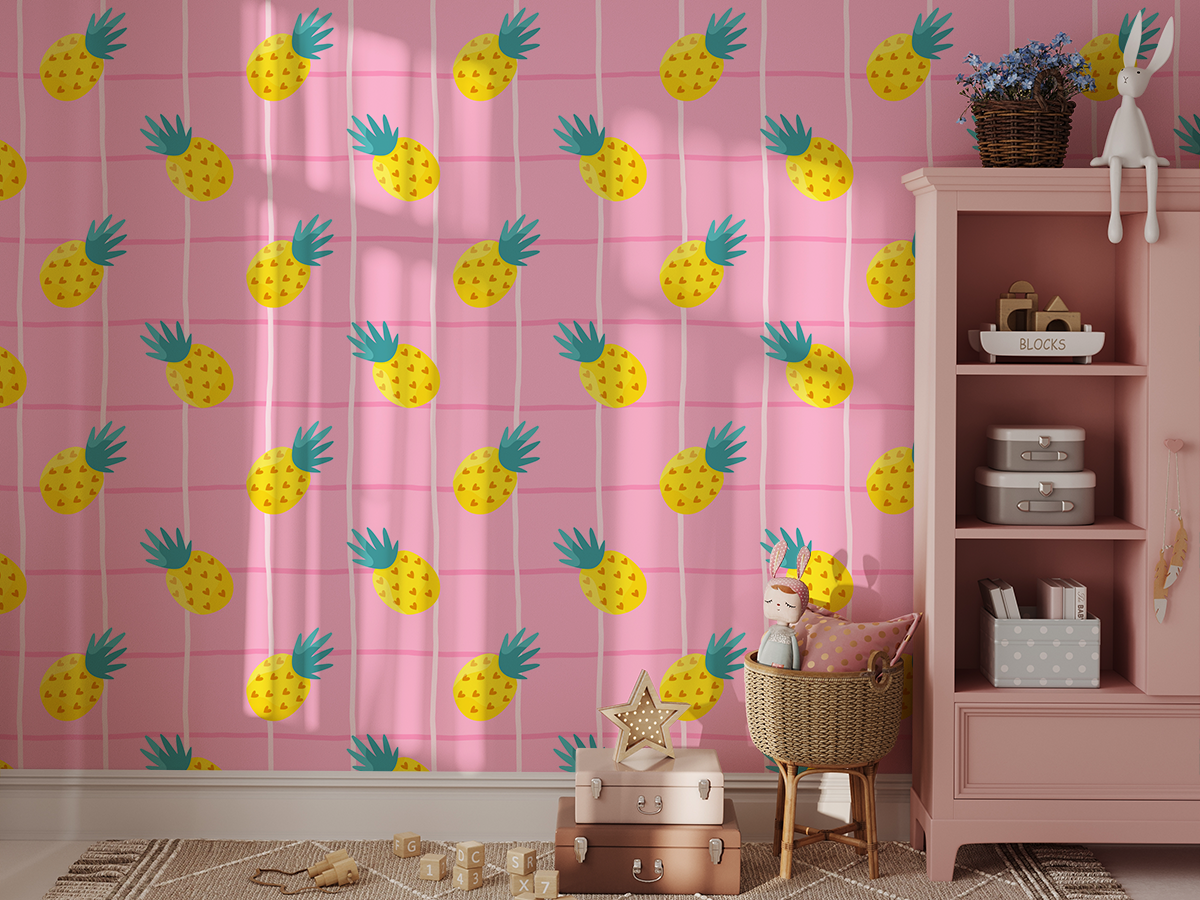 Foto murale Ananas të verdhë në kuadrat rozë