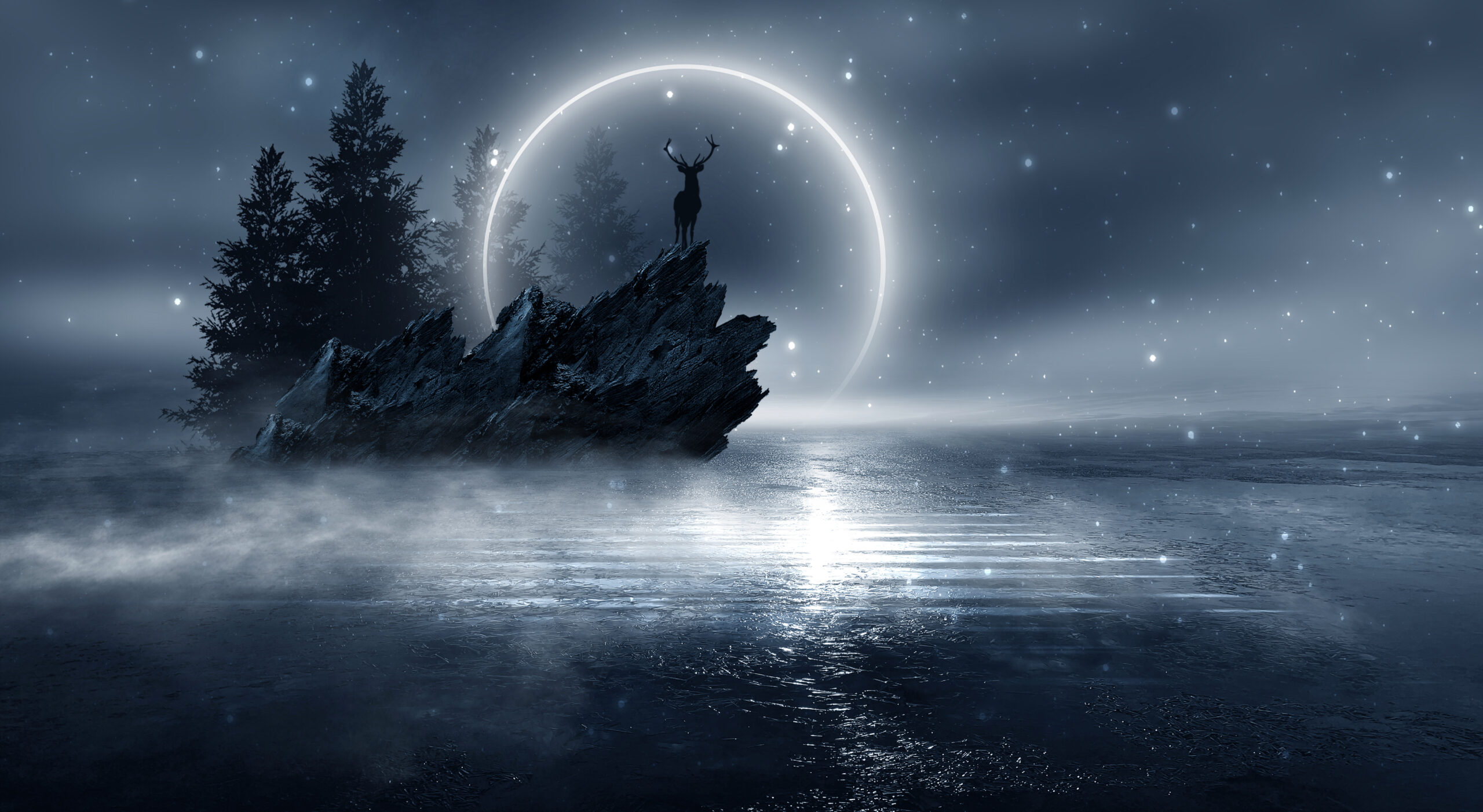Futuristic fantasy night landscape with abstract landscape and island, moonlight, shine.