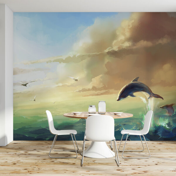 Foto murale Delfinët në perëndim të diellit