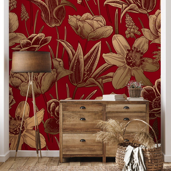 Foto murale Lule të arta në një sfond ngjyrë burgundy