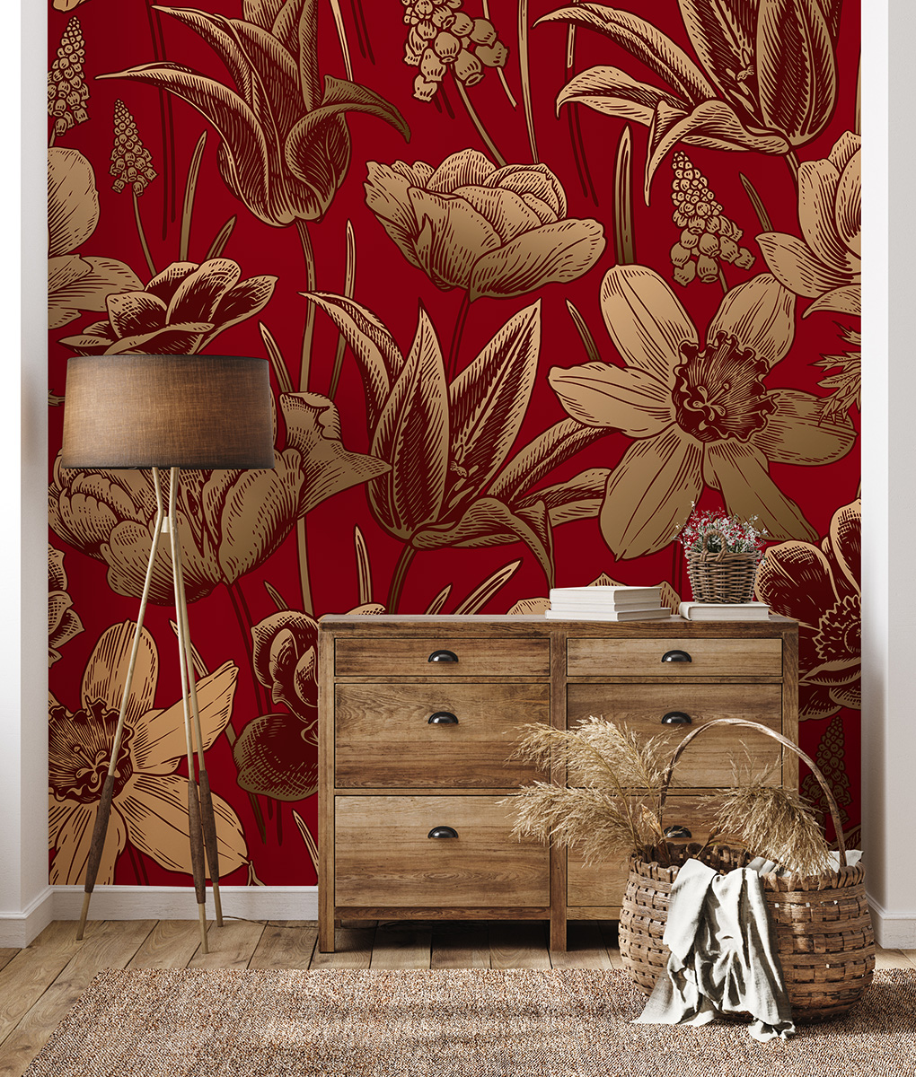 Foto murale Lule të arta në një sfond ngjyrë burgundy